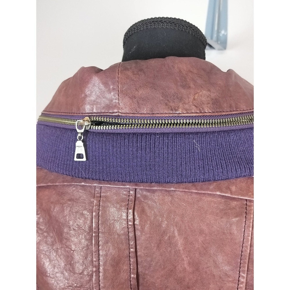 Danier Italian Leather Hooded Bomber Jacket‎ Womens 2XS Purple Ribbed Wool Trim - Picture 5 of 15